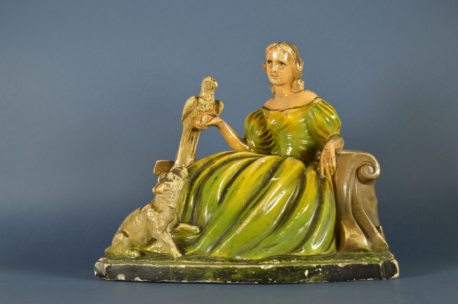 Bloempot Dame in groene jurk met hond en vogel - Art Nouveau