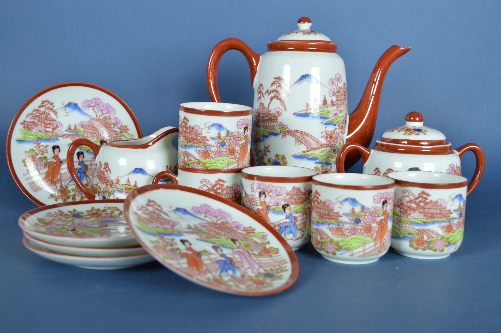 Chinese Theeservies Set/7 Porselein Handgeschilderd Lotus Libelle Blau - Totale Showroom Leegverkoop! Tot 80% Korting