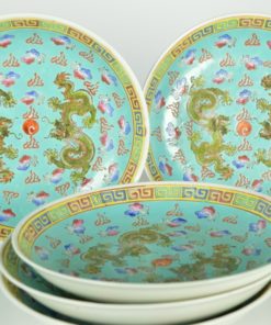 Diep bord turquoise met groene draken Chinees