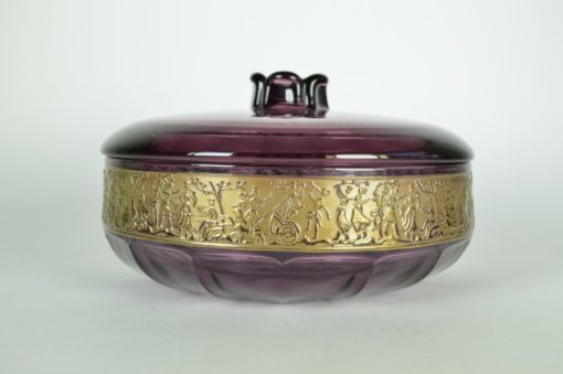 Koekdoos paars glas met relief rand in goud