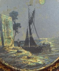 Blik rond met haven en schip parelmoer - antiek