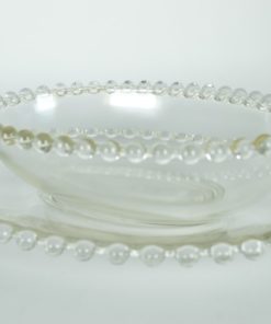 Ovale schaal en schotel met glazen parelrand van kleurloos glas