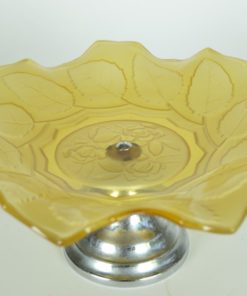 Amberkleurige schaal met floraal decor op zilverkleurige voet - Glas