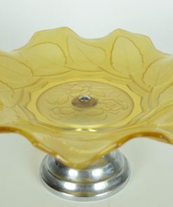 Amberkleurige schaal met floraal decor op zilverkleurige voet - Glas