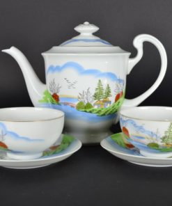 Theepot met 2 kop- en schotels met Geisha gezichtje - porselein