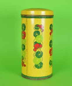 Beschuitbus in geel met bloemen in groen en rood