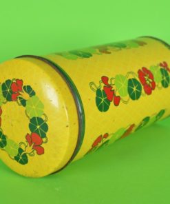 Beschuitbus in geel met bloemen in groen en rood