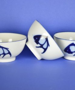 Rijstkom met lepel met koi karper wit en blauw - porselein