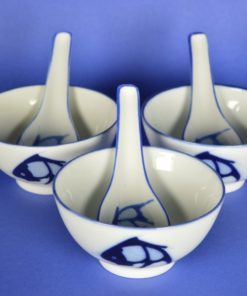 Rijstkom met lepel met koi karper wit en blauw - porselein