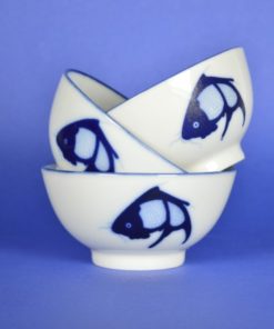 Rijstkom met lepel met koi karper wit en blauw - porselein