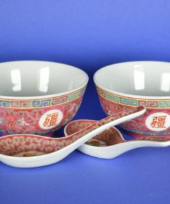 Rijstkom met lepel - perzikbloesem rood - keramiek set van 2