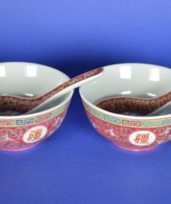 Rijstkom met lepel - perzikbloesem rood - keramiek set van 2