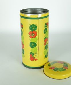 Beschuitbus van Verkade geel met rode bloemen en groen - blik