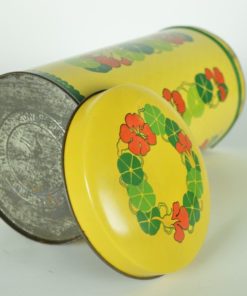 Beschuitbus van Verkade geel met rode bloemen en groen - blik