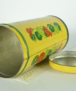 Beschuitbus van Verkade geel met rode bloemen en groen - blik