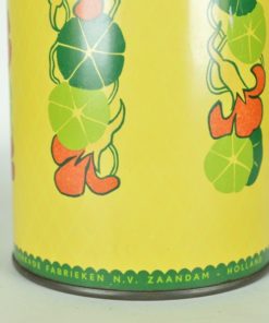 Beschuitbus van Verkade geel met rode bloemen en groen - blik