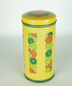 Beschuitbus van Verkade geel met rode bloemen en groen - blik