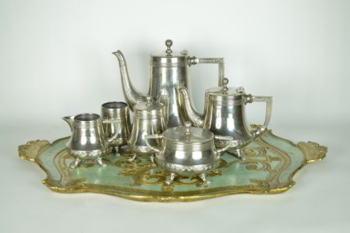 Thee-,koffieservies, Kurz & co Tiel Art Deco - zilver tin - 6-deling