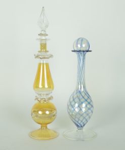 Parfumflesjes Oriëntaals blauw, amber goudkleurig glas met parelmoerglans