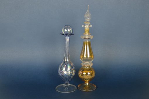 Parfumflesjes Oriëntaals blauw, amber goudkleurig glas met parelmoerglans