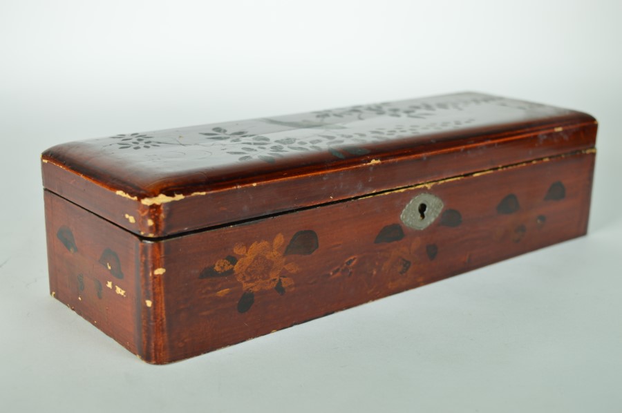 Lakdoos voor penselen met blauwe zwaluw -antiek