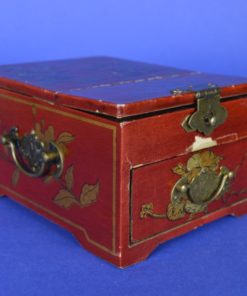 Make-up en juwelenkistje - rood leer, hout en koper