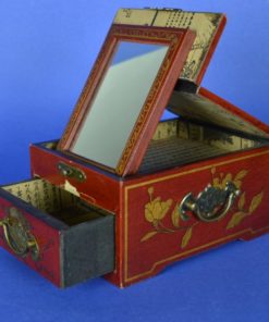 Make-up en juwelenkistje - rood leer, hout en koper