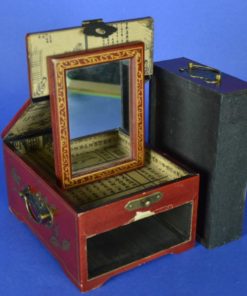 Make-up en juwelenkistje - rood leer, hout en koper