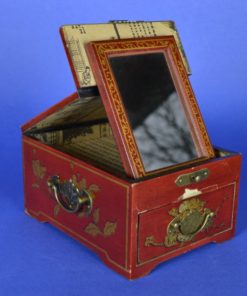 Make-up en juwelenkistje - rood leer, hout en koper