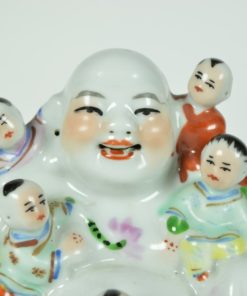 Lachende gelukkige Boeddha met 5 kinderen - porselein