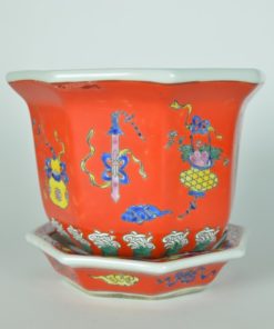 Bloempot met onderschotel achthoekig rood - Chinees keramiek