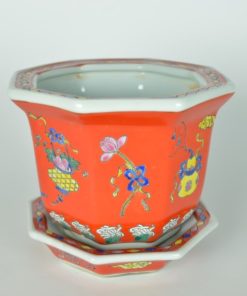 Bloempot met onderschotel achthoekig rood - Chinees keramiek