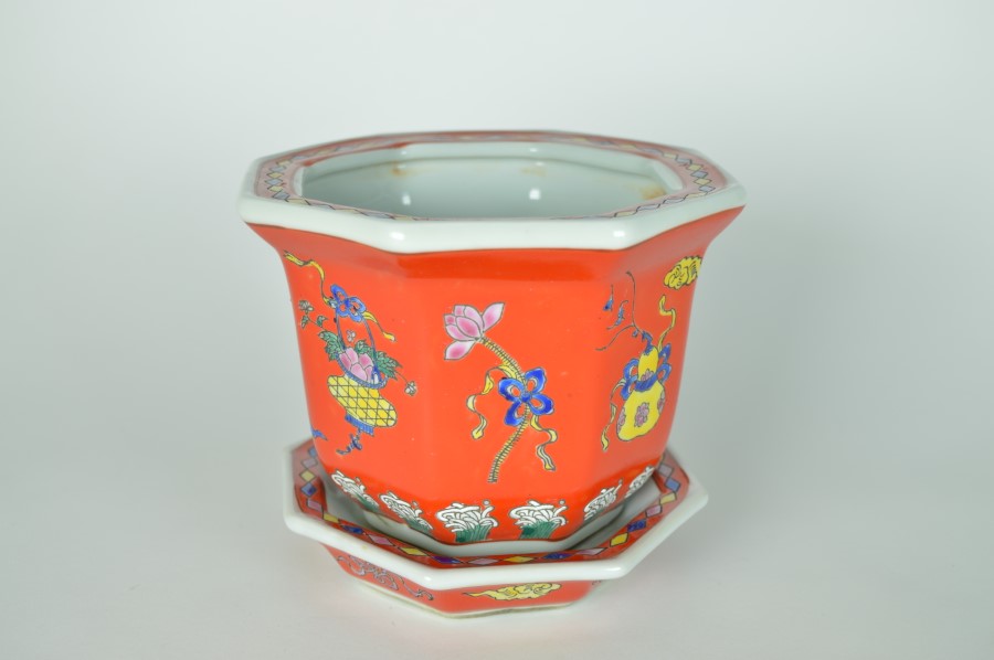 Bloempot met onderschotel achthoekig rood - Chinees keramiek