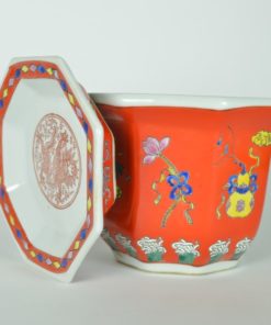 Bloempot met onderschotel achthoekig rood - Chinees keramiek