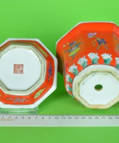 Bloempot met onderschotel achthoekig rood - Chinees keramiek