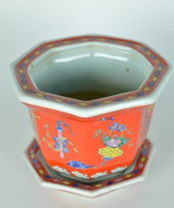 Bloempot met onderschotel achthoekig rood - Chinees keramiek