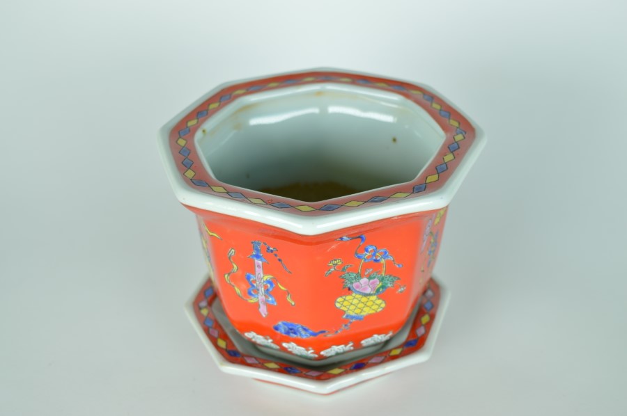 Bloempot met onderschotel achthoekig rood - Chinees keramiek
