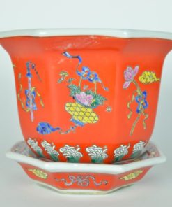Bloempot met onderschotel achthoekig rood - Chinees keramiek