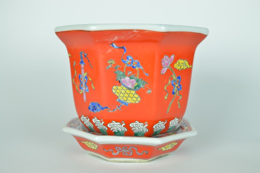Bloempot met onderschotel achthoekig rood - Chinees keramiek