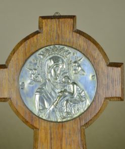 Wijwaterbakje Maria en kind Jezus - eikenhout, glas, metaal